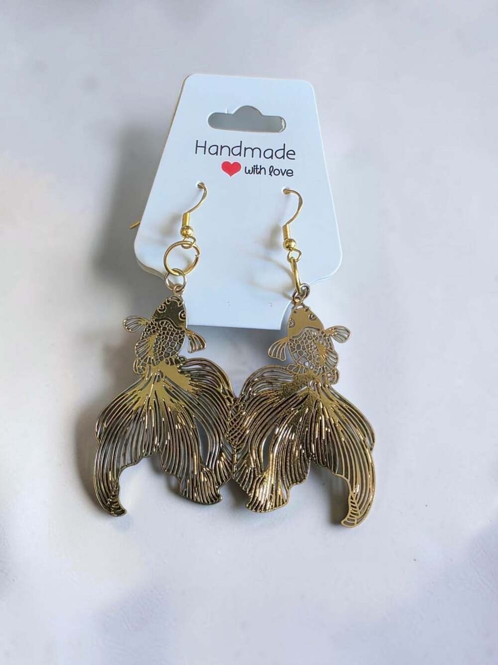Gold Tone Filigree Goldfish Dangle Hook Earrings